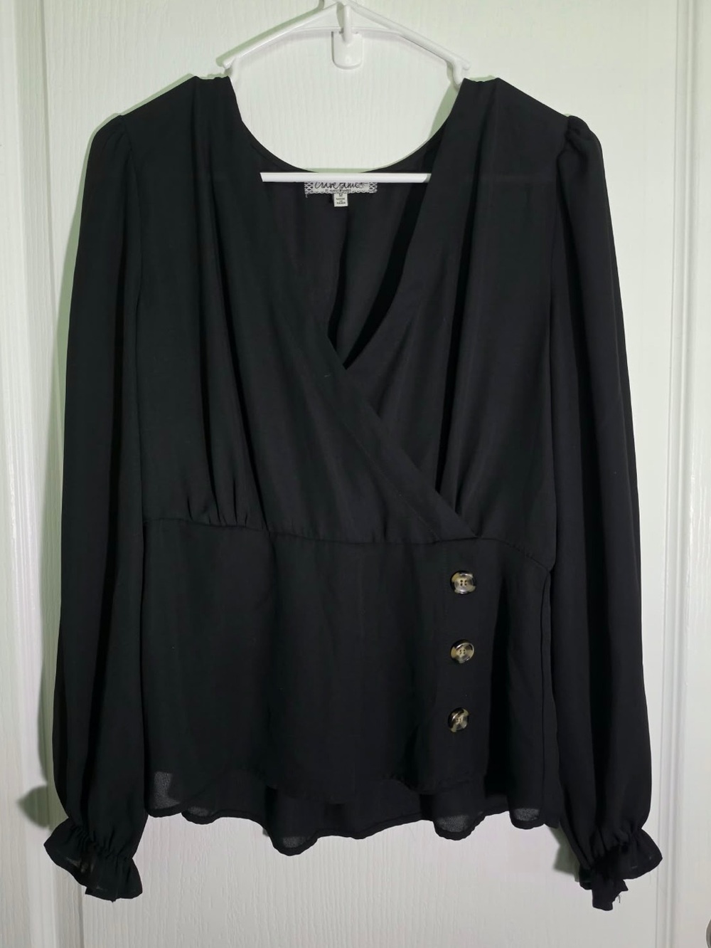Alice + Olivia Black Wrap Blouse with Button Detail
